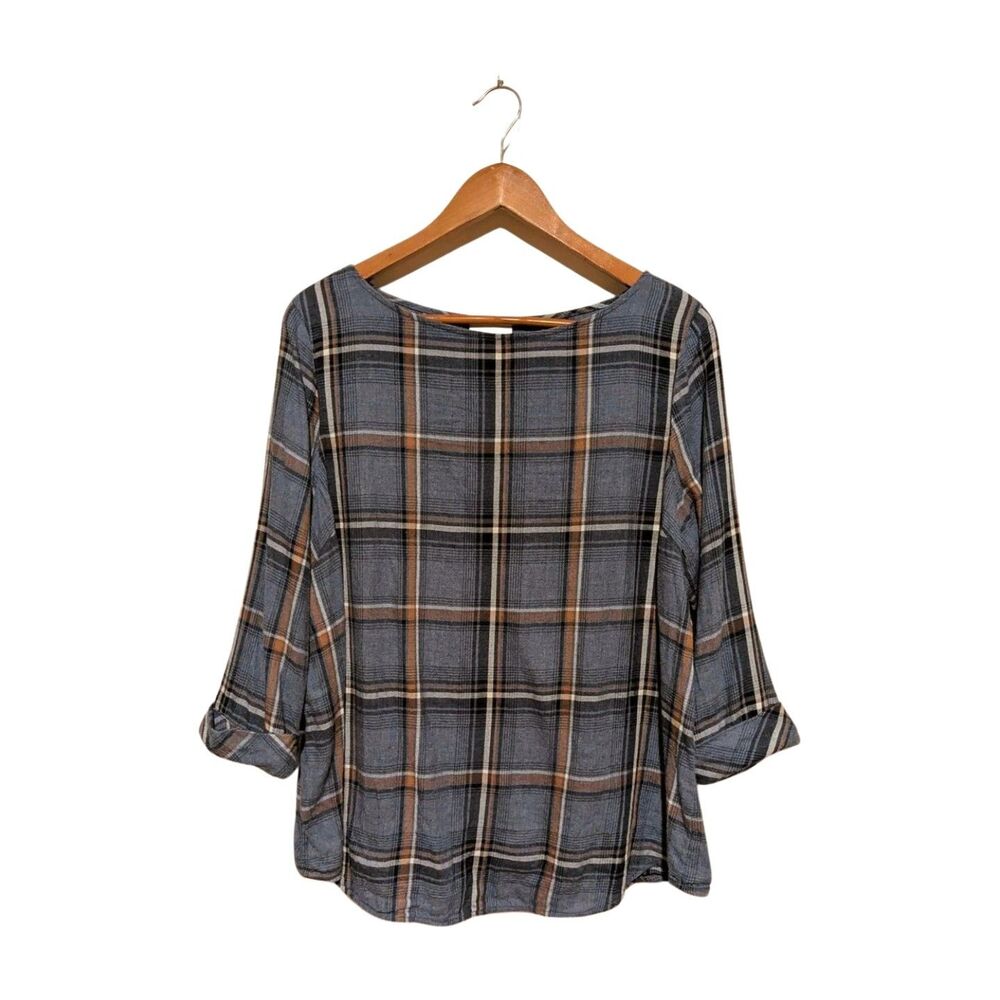 J. Jill Top Womens M Blue Plaid Flannel Pullover Blouse Cuffed Sl Pleated Back